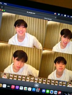 multiple images of a man with brown hair and white shirt on his laptop computer screen