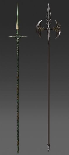 two different types of swords on a gray background, one is green and the other is black