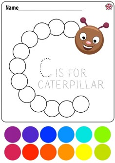 the letter c is for caterpillar coloring page with color circles to be colored