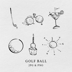 an image of golf related items drawn in ink and watercolor pencils on paper