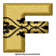 the letter e is made up of gold glitter and black swirly designs on it