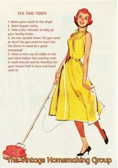 a woman in yellow dress holding a red vacuum