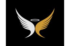 an image of two white and gold wings on a black background with the word angel above it