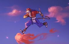 a man flying through the air while holding onto an object in one hand and a stick in the other