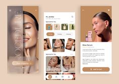 the beauty app is open and showing images of women's skin, including an image of