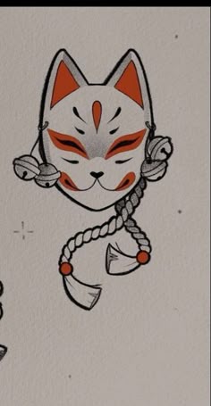 a drawing of a cat with eyes closed and roped around it's neck