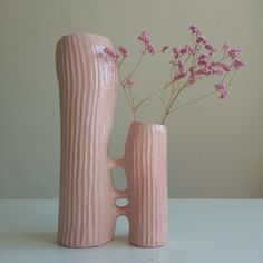 two pink vases sitting next to each other with flowers in them on a table