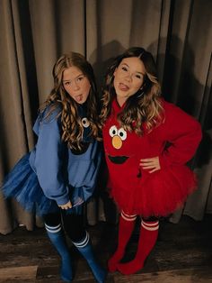 Cookie Monster Halloween Outfit, Elmo And Cookie Monster Teen Costume, Elmo Costume For Girls, Preppy Elmo And Cookie Monster, Elmo Cookie Monster Costumes, Elmo And The Cookie Monster Halloween Costumes, Elmo Costume Girl, Elmo And Cookie, What To Wear To A 90s Theme Party