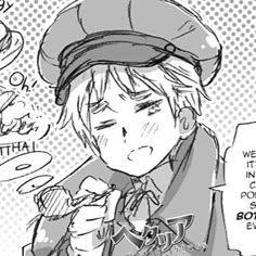 a drawing of a person holding something in his hand and wearing a hat with writing on it