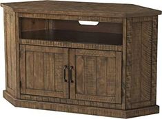 a wooden entertainment center with two doors and a shelf on one side that is open