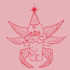 an animal with wings and a party hat on it's head, sitting in front of a pink background