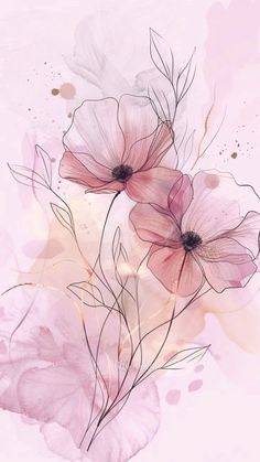 some pink flowers on a white background with watercolor splashes and splots