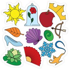 an assortment of stickers with different designs on them, including flowers and umbrellas