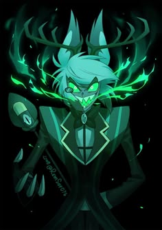 an anime character with green hair and horns