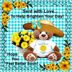 a teddy bear wearing a cowboy hat and holding yellow daisies with the words, send with love to help brighten your day