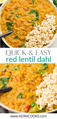 red lentils and rice in a white bowl with text overlay that reads quick & easy red lentil dahi