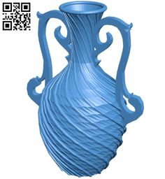 a large blue vase sitting on top of a white table next to a qr code