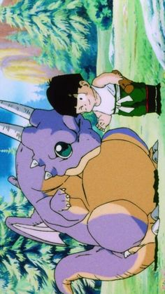 an animated image of a man riding on the back of a purple elephant in front of trees