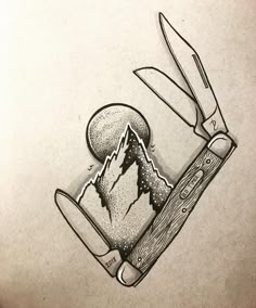 a drawing of a pair of scissors with mountains in the background