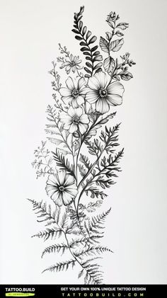 a black and white drawing of some flowers