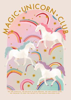 two white unicorns are standing in front of a pink background with rainbows and stars