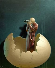 a painting of a man looking through a telescope into an egg shell that has been cracked