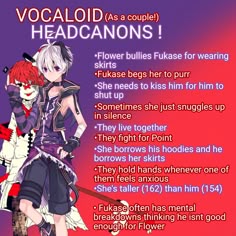 two anime characters with text that says vocaloid as couple headcaroons flowers bulbs fugase for wearing