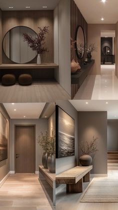 the interior of a modern home is shown in three different pictures, including an entryway and living room