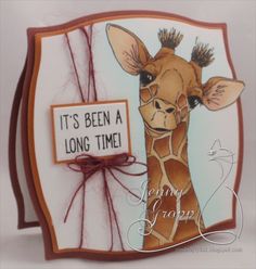 a giraffe card with the words it's been a long time on it
