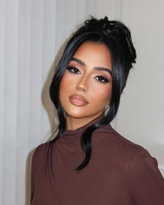 Instagram Soft Glams, Brown Black Makeup Look, Brown Eyes Prom Makeup, Soft Glam Makeup And Hair, Matte Glam, Eye Makeup For Wedding, Dusty Blue Dress Makeup Look, Nails With Brown Dress, Dark Brown Hair Styles