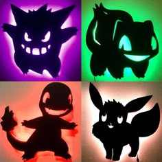 four different types of pokemon silhouettes in various colors and shapes, each with glowing eyes