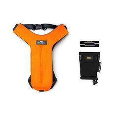 an orange life jacket and other items on a white background