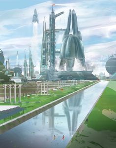 an artist's rendering of a futuristic city with water and grass in the foreground