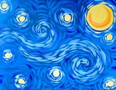 a painting of the starry night with bright yellow and blue stars in the sky