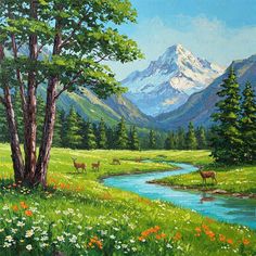 a painting of some animals in a field by a river and mountains with flowers on the grass