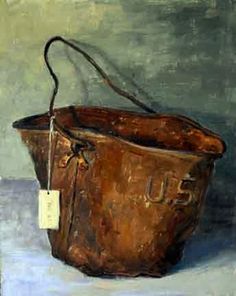 an oil painting of a brown bucket with a tag on it's handle, sitting in front of a gray background
