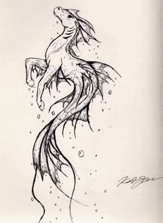 a black and white drawing of a mermaid with long hair on it's tail