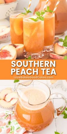 there is a pitcher of peach tea next to some sliced peaches