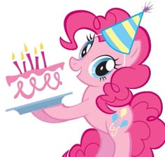 a pink pony holding a cake with candles on it