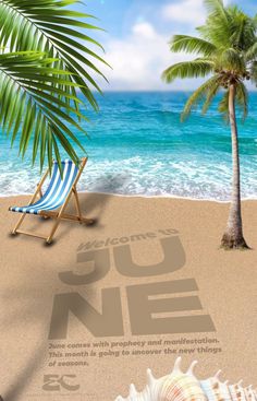 a beach scene with a chair and palm trees
