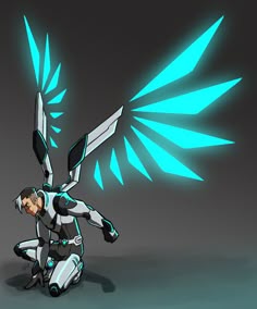an animated image of a person kneeling in front of a robot with wings on his back