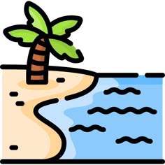 a beach with a palm tree on the sand and water in the foreground, under a white background