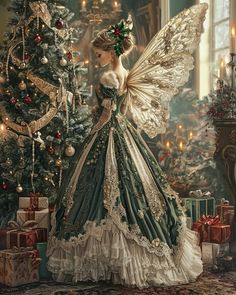 a woman in a green dress standing next to a christmas tree