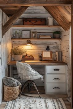 a room with a desk, chair and rug in it