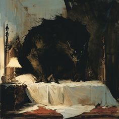 a painting of a black bear on a bed with white sheets and a lamp next to it