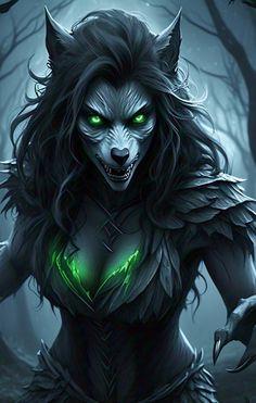an evil wolf girl with green eyes and fangs on her chest, standing in the woods