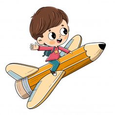 a young boy riding on top of a wooden pencil