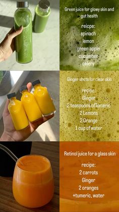 the recipe for green smoothie is shown in three different pictures, including an orange juice and