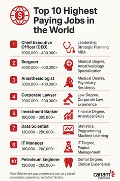 the top 10 highest paying jobs in the world infographical image below is part of an information poster