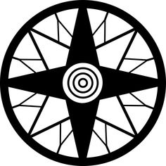 a black and white image of a compass in the center of a circular wheel with an arrow